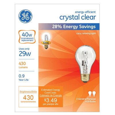 GE Crystal Clear 29W Halogen E26 Base A19 Light Bulbs (2 Pack) UPC 043168787956 A-LINE A19, 2850K, 1000 Hrs, 100 CRI