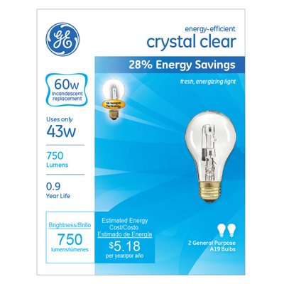 GE Crystal Clear 43W Halogen E26 Base A19 Light Bulbs (2 Pack) UPC 043168787963 A-LINE A19, 2900k, 1000 Hrs, 100 CRI