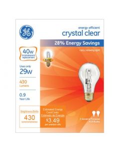 GE Crystal Clear 29W Halogen E26 Base A19 Light Bulbs (2 Pack) UPC 043168787956 A-LINE A19, 2850K, 1000 Hrs, 100 CRI