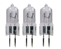 THREE 50W HALOGEN 12 VOLT JC TYPE BI-PIN BULBS ON A BLISTER CARD