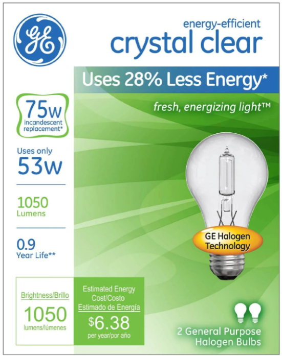 GE Crystal Clear 53W Halogen E26 Base A19 Light Bulbs (2 Pack) UPC 043168787970 A-LINE A19, 2950k, 1000 Hrs, 100 CRI